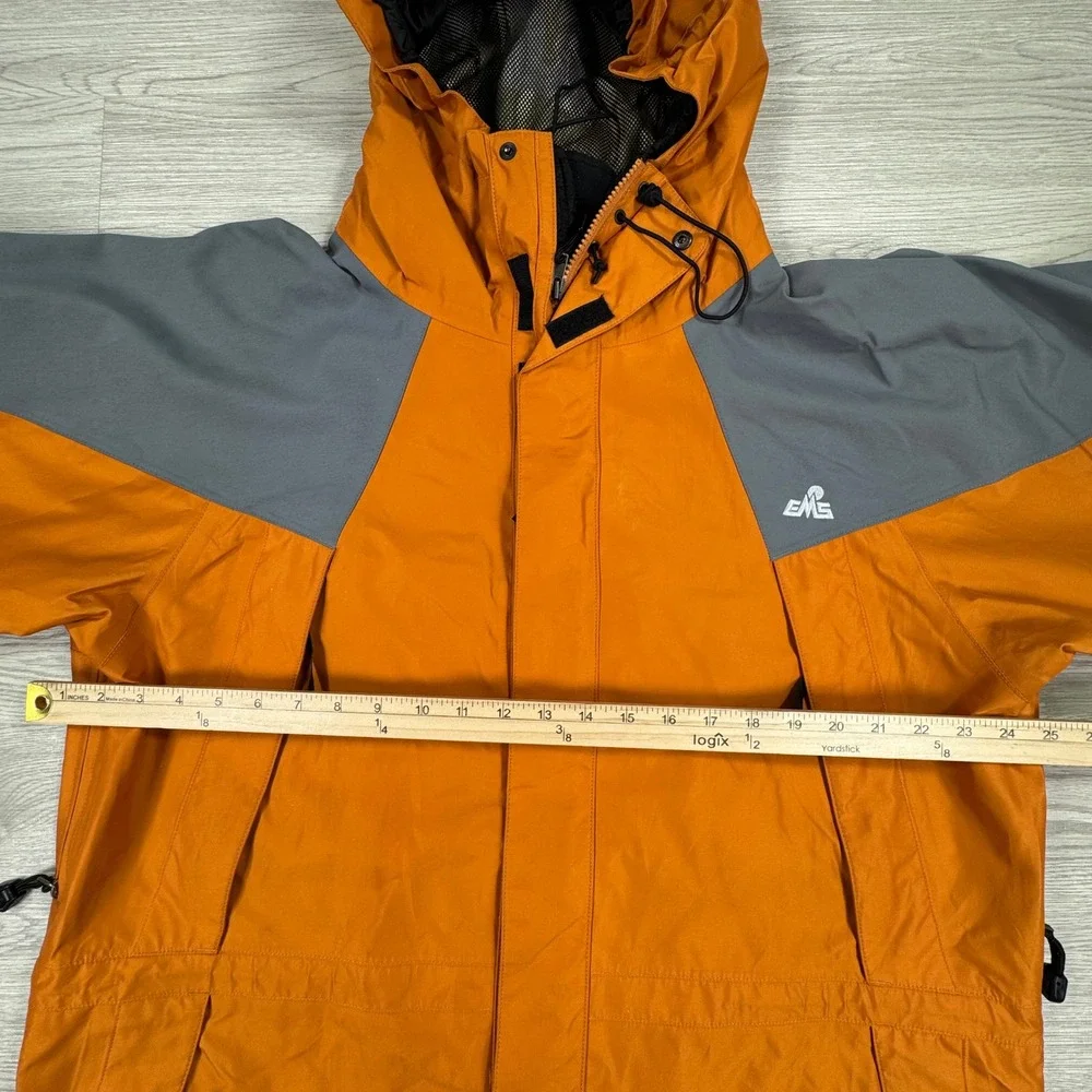 EMS Mens Jacket Gore-Tex Hooded Rain Shell Orange Gray Large Pit Zips Waterproof